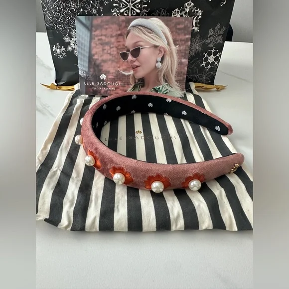 Lele Sadoughi Dusty Rose Pearl Flower Alice Headband $150 display picture 1